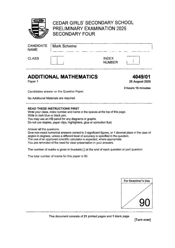 Cedar Girls Sec4 A_Maths Prelim 2025 exam paper PDF preview