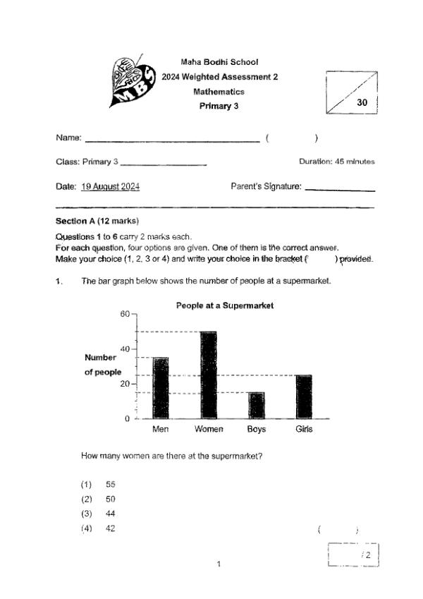 First page preview of P3 Math 2024 WA2 — Maha Bodhi