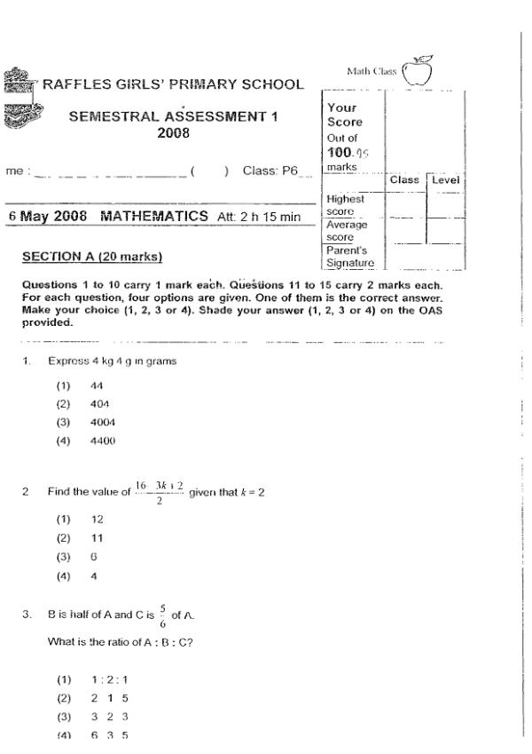 Raffles Girls P6 Math WA2 2008 exam paper PDF first page preview