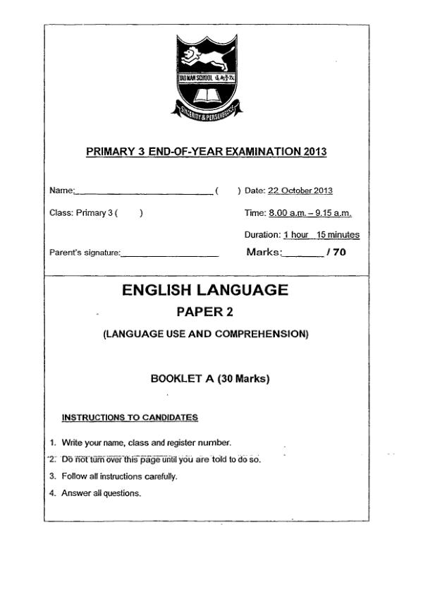 Tao Nan P3 Eng SA2 2013 exam paper PDF first page preview