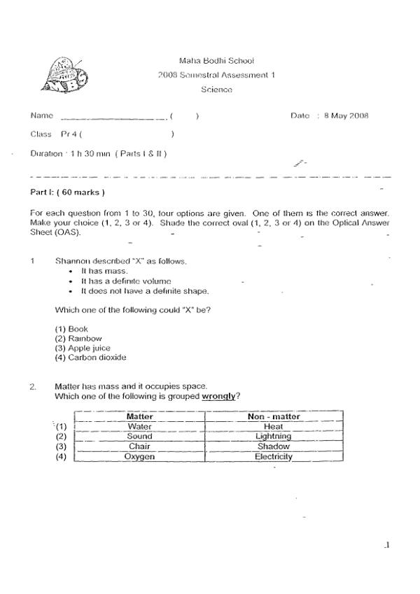 Maha Bodhi P4 Sci WA2 2008 exam paper PDF preview