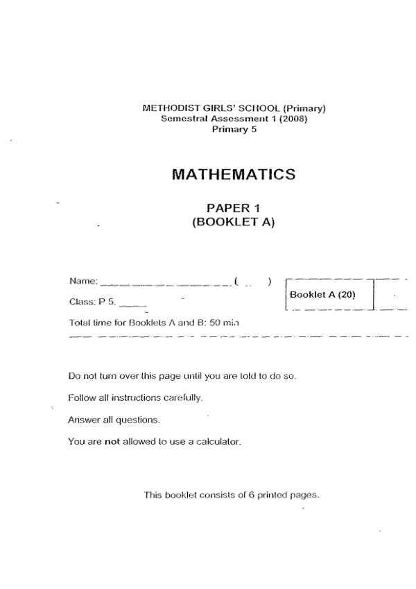 Methodist Girls P5 Math WA2 2008 exam paper PDF preview