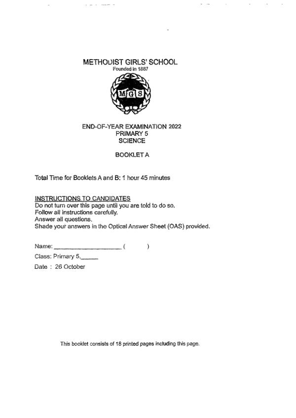Methodist Girls P5 Sci SA2 2022 exam paper PDF first page preview