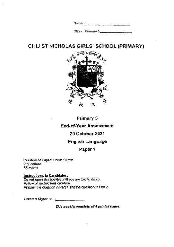 CHIJ P5 Eng SA2 2021 exam paper PDF first page preview