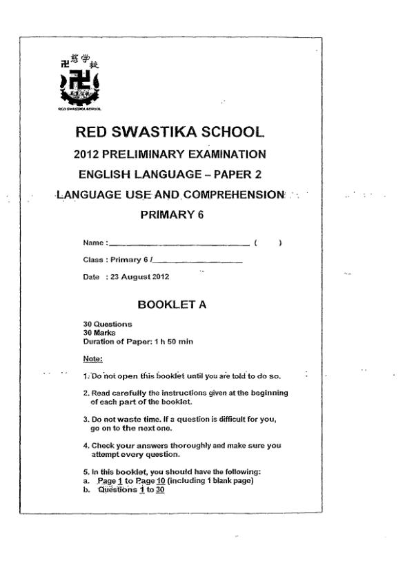 Red Swastika P6 Eng SA2 2012 exam paper PDF preview