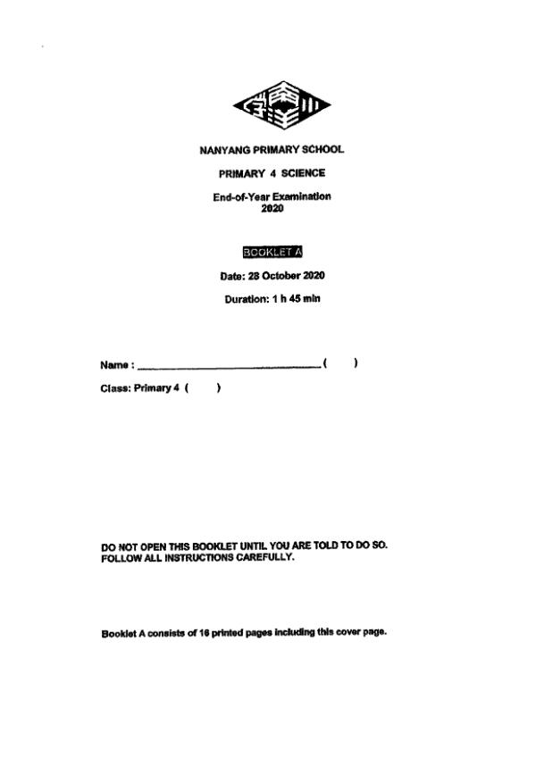 Nanyang P4 Sci SA2 2020 exam paper PDF first page preview
