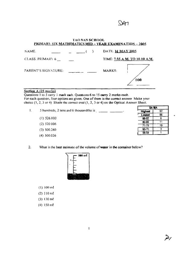 Tao Nan P6 Math WA2 2005 exam paper PDF preview