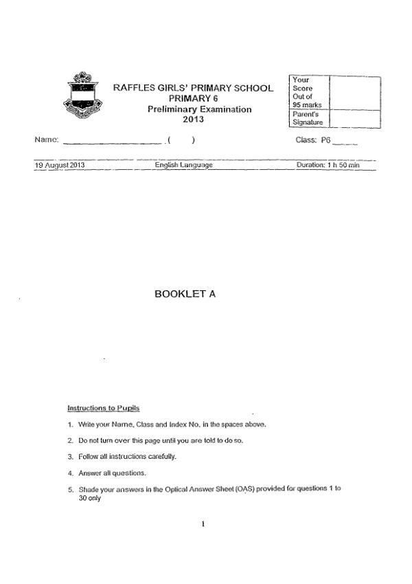 Raffles Girls P6 Eng SA2 2013 exam paper PDF preview