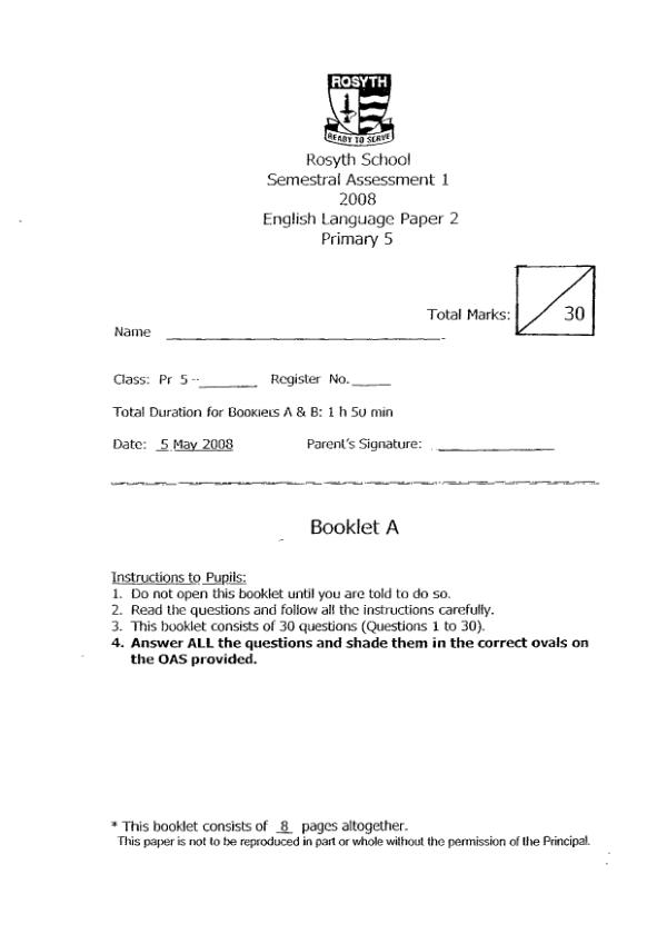 Rosyth P5 Eng WA2 2008 exam paper PDF first page preview