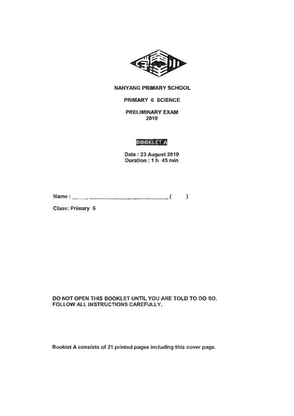 Nanyang P6 Sci SA2 2019 exam paper PDF first page preview