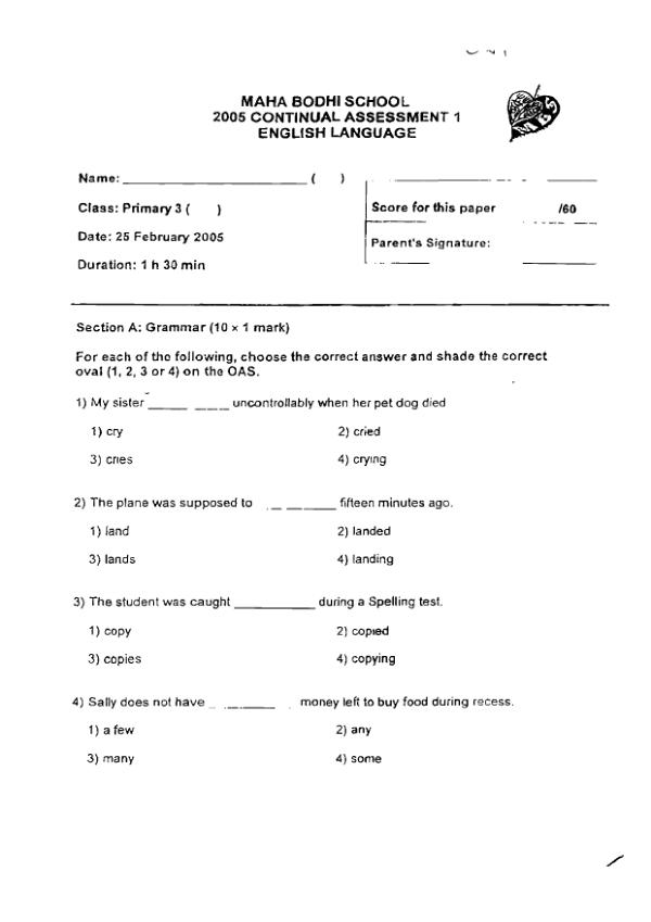 Maha Bodhi P3 Eng WA1 2005 exam paper PDF preview