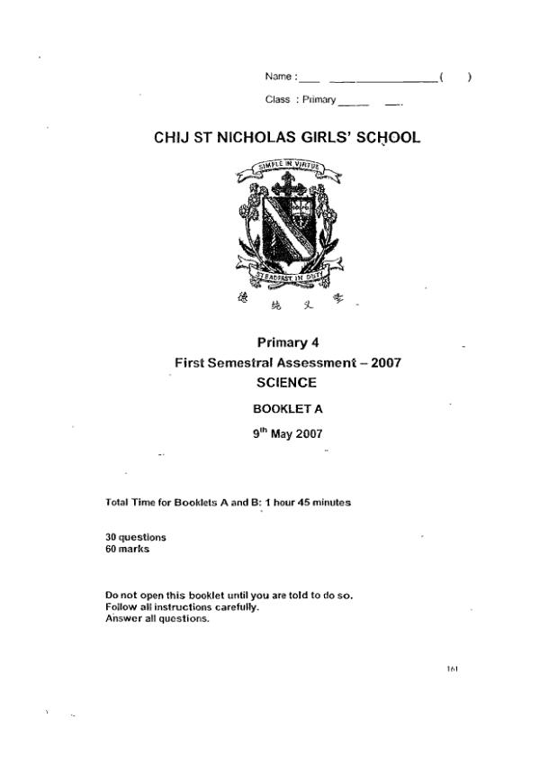 CHIJ P4 Sci WA2 2007 exam paper PDF preview