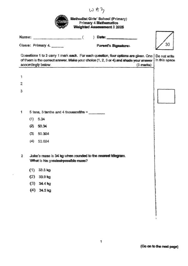 First page preview of P4 Math 2025 WA3 — Methodist Girls
