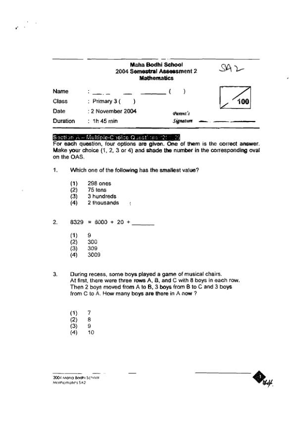 Maha Bodhi P3 Math SA2 2004 exam paper PDF first page preview