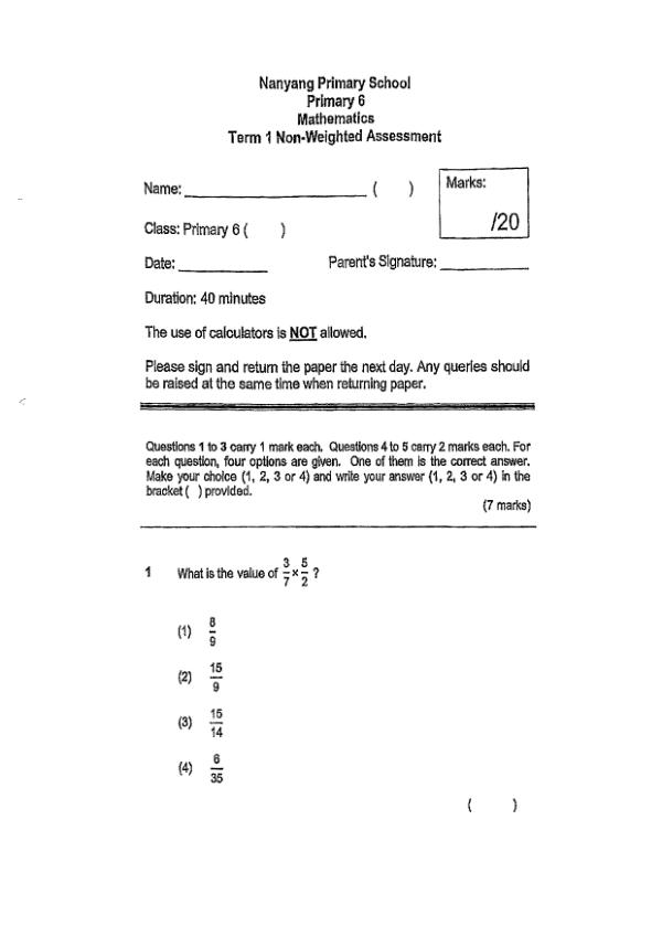 First page preview of P6 Math 2024 WA1 — Nanyang