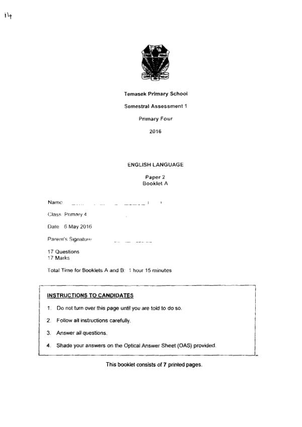 Temasek P4 Eng WA2 2016 exam paper PDF first page preview