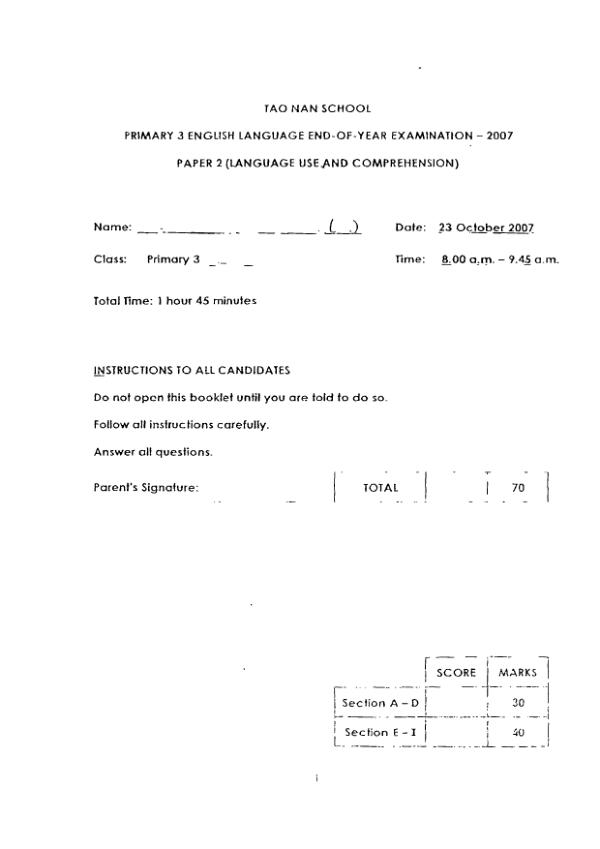 Tao Nan P3 Eng SA2 2007 exam paper PDF preview
