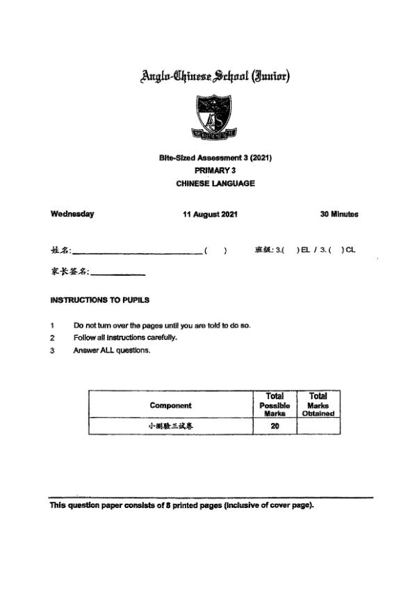 Anglo Chinese P3 Chi WA3 2021 exam paper PDF preview