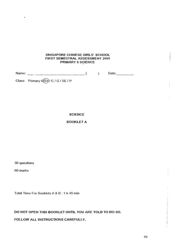 Singapore Chinese Girls P6 Sci WA2 2008 exam paper PDF first page preview