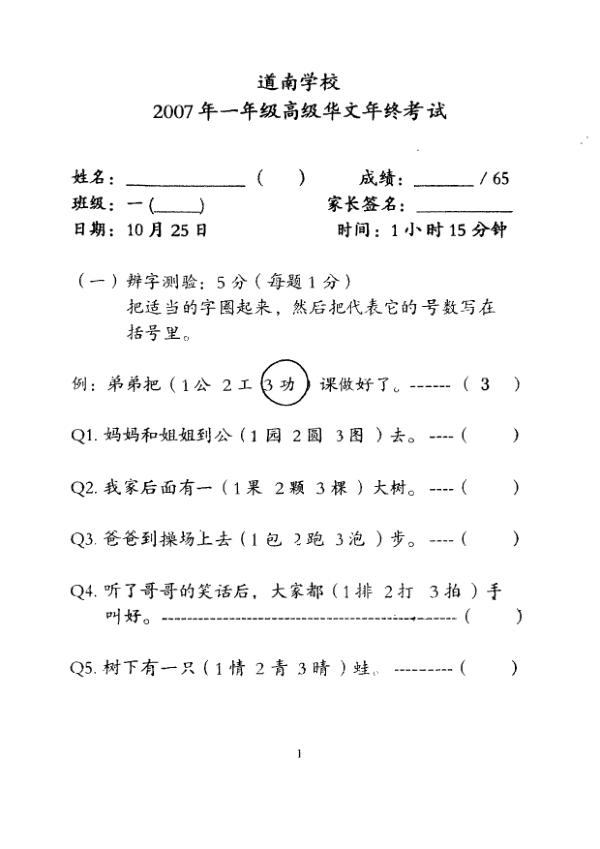 Tao Nan P1 Chi SA2 2007 exam paper PDF first page preview