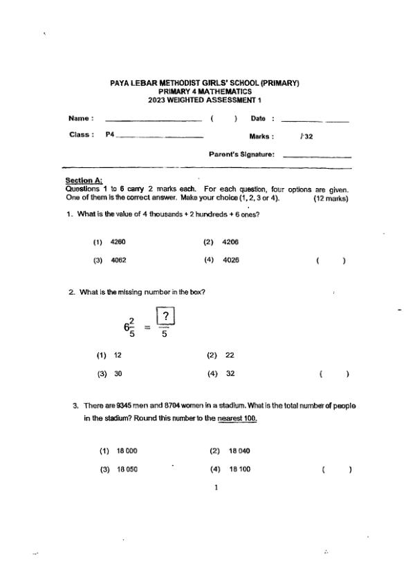 First page preview of P4 Math 2023 WA2 — Methodist Girls