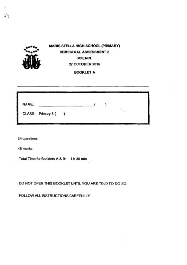 Maris Stella High P3 Sci SA2 2016 exam paper PDF first page preview