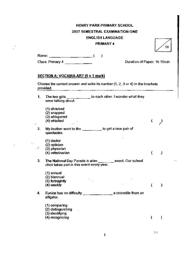 Henry Park P4 Eng WA2 2007 exam paper PDF preview