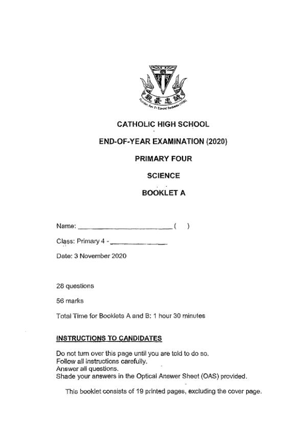 Catholic High P4 Sci SA2 2020 exam paper PDF preview