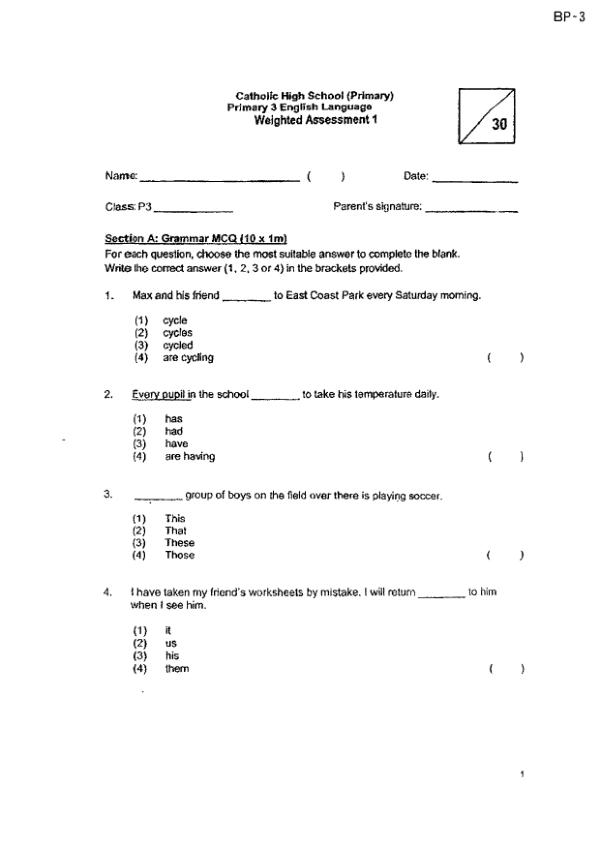 First page preview of P3 Eng 2024 WA1 — Catholic High