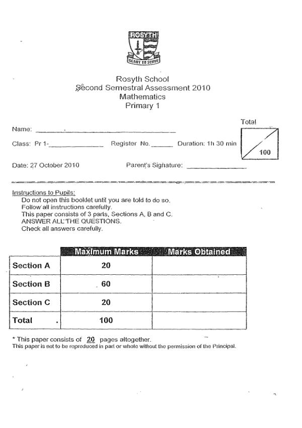 Rosyth P1 Math SA2 2010 exam paper PDF preview