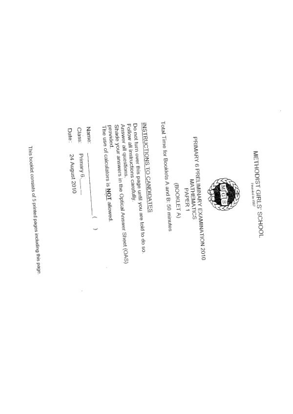 First page preview of P6 Math 2010 SA2 — Methodist Girls