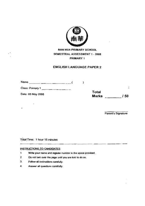 Nan Hua P1 Eng WA2 2008 exam paper PDF preview