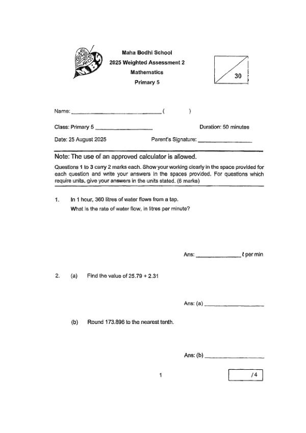 First page preview of P5 Math 2025 WA2 — Maha Bodhi