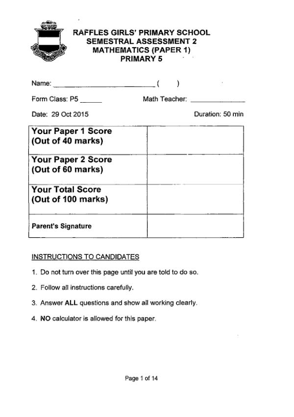 First page preview of P5 Math 2015 SA2 — Raffles Girls