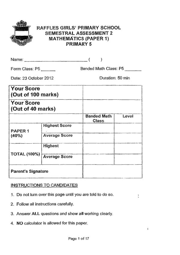 Raffles Girls P5 Math SA2 2012 exam paper PDF preview