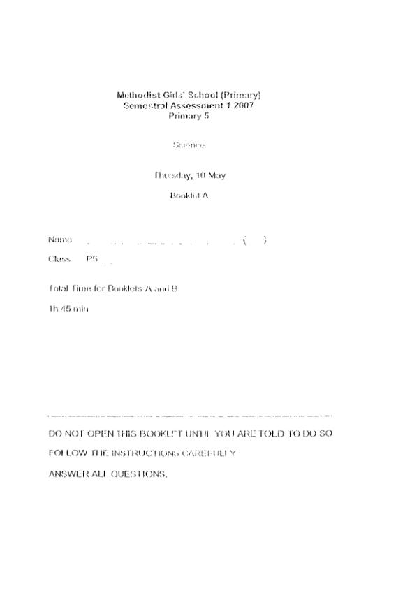 Methodist Girls P5 Sci WA2 2007 exam paper PDF first page preview