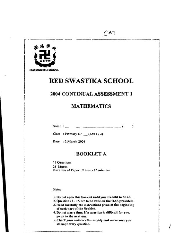 Red Swastika P6 Math WA1 2004 exam paper PDF preview