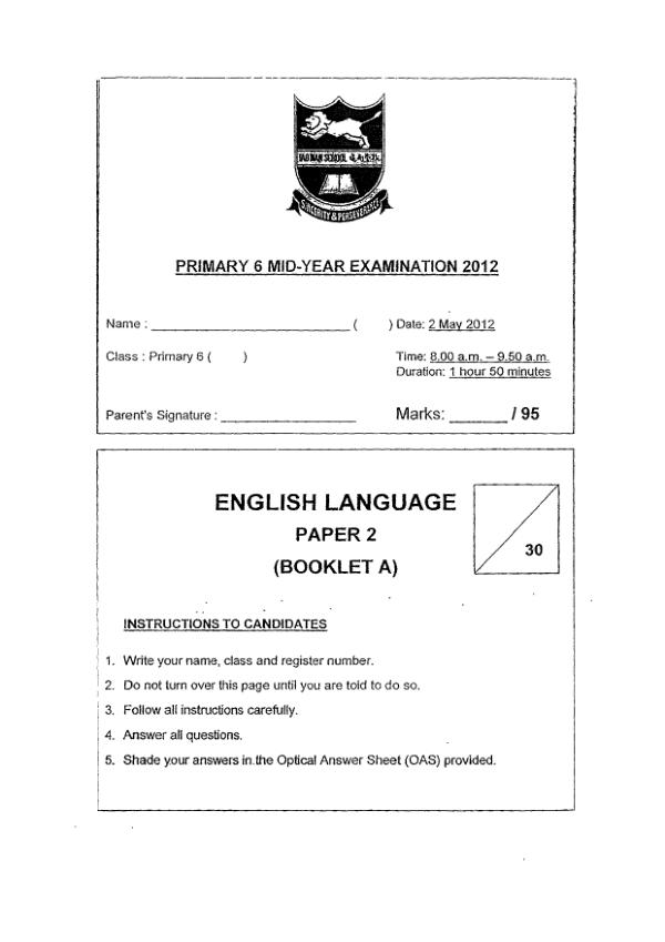 Tao Nan P6 Eng WA2 2012 exam paper PDF first page preview