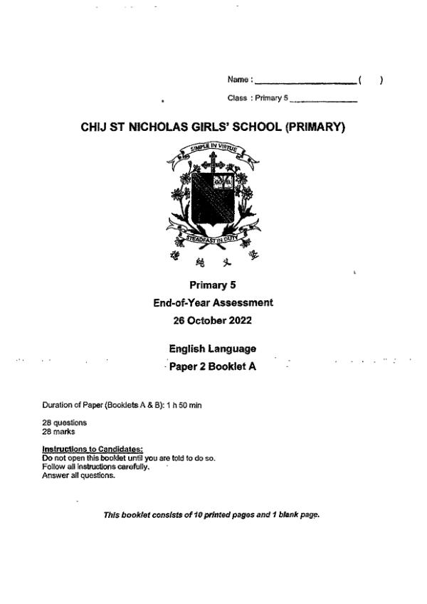 CHIJ P5 Eng SA2 2022 exam paper PDF first page preview