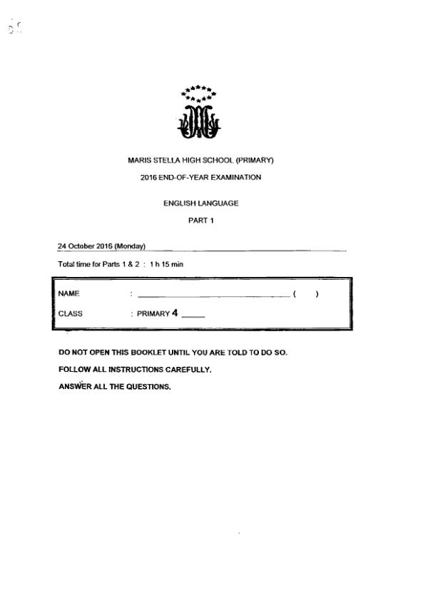 Maris Stella High P4 Eng SA2 2016 exam paper PDF first page preview