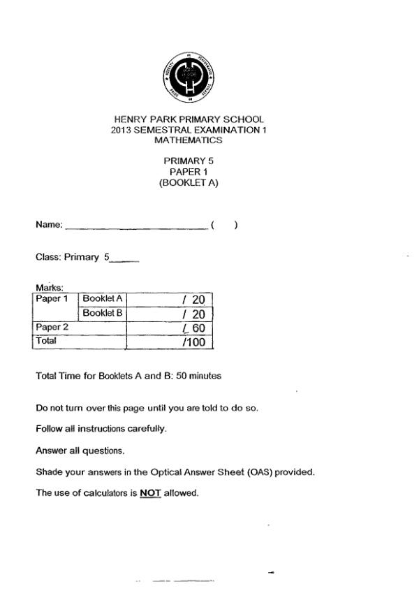 Henry Park P5 Math WA2 2013 exam paper PDF preview
