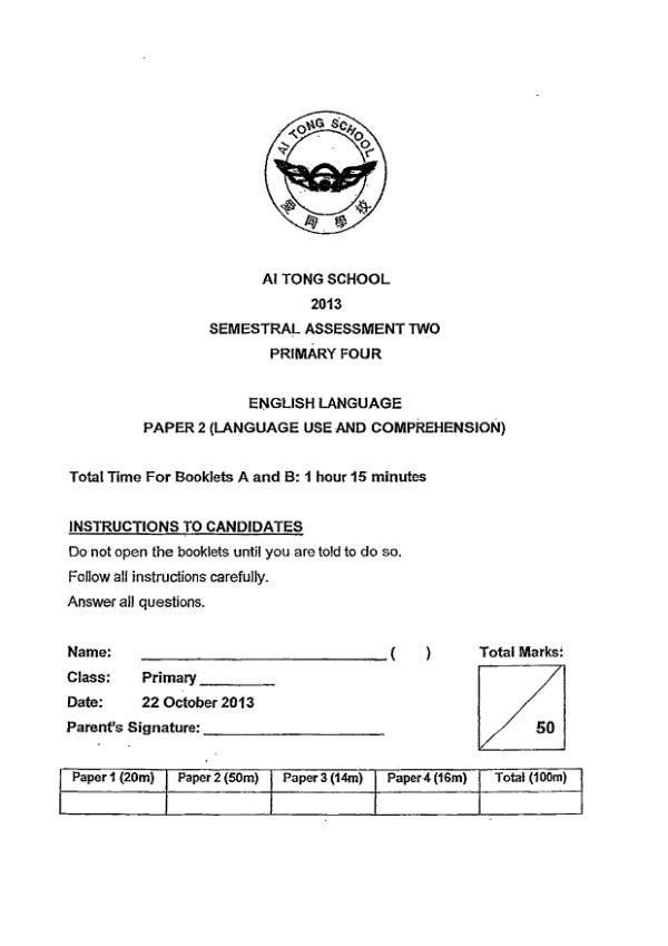Ai Tong P4 Eng SA2 2013 exam paper PDF preview