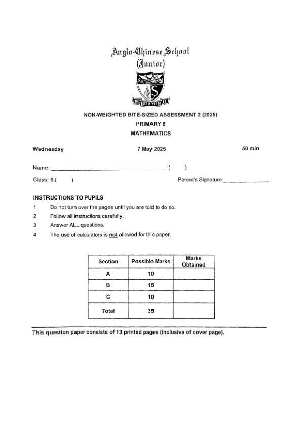 First page preview of P6 Math 2025 WA2 — Anglo Chinese