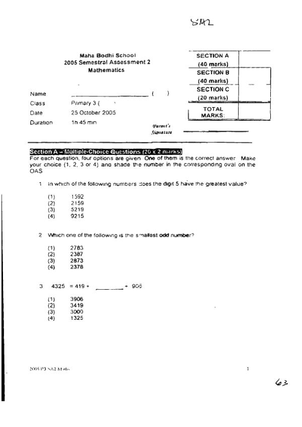 First page preview of P3 Math 2005 SA2 — Maha Bodhi