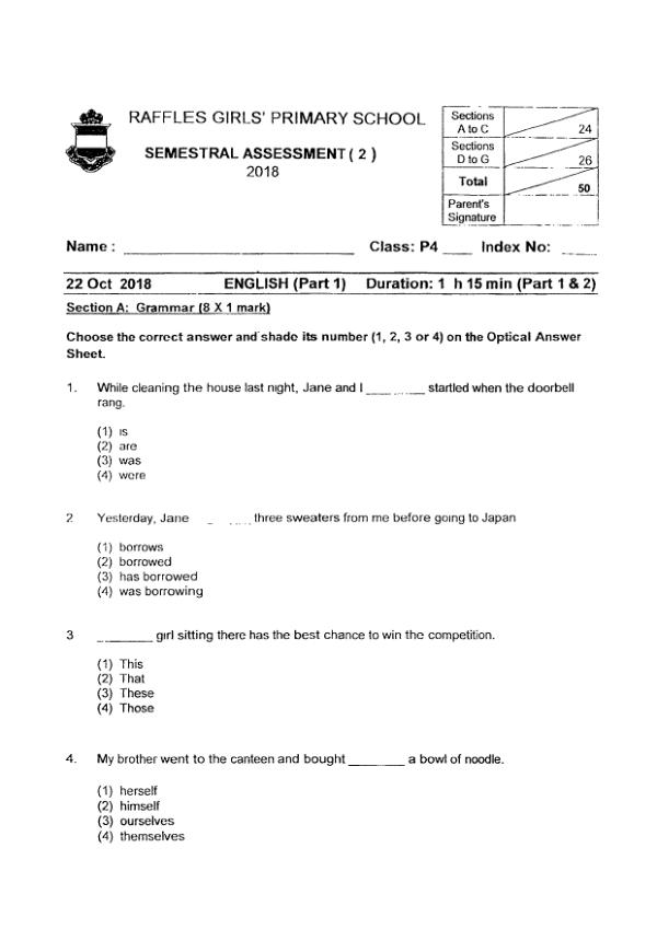 Raffles Girls P4 Eng SA2 2018 exam paper PDF preview
