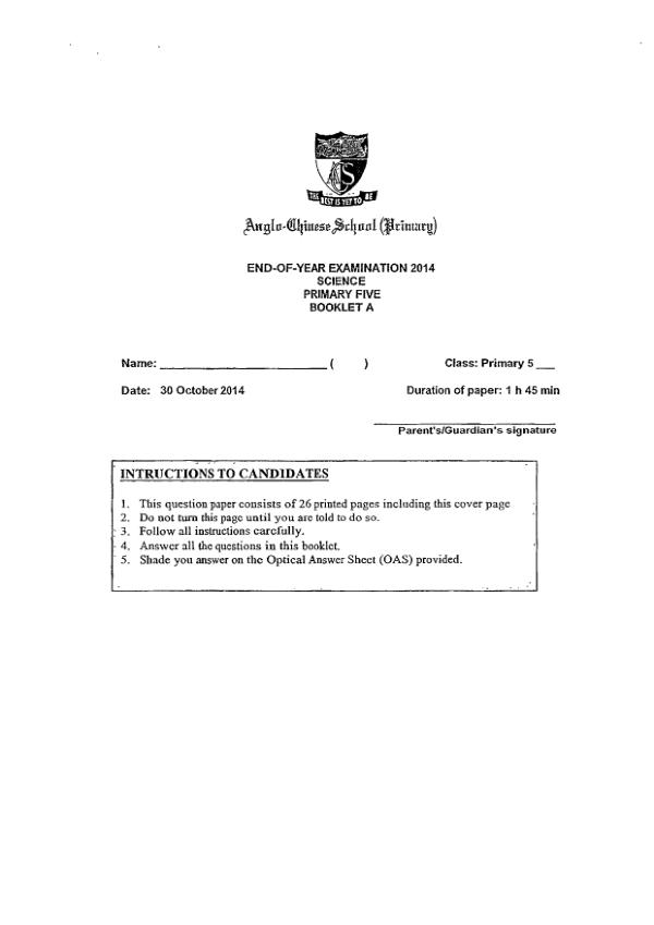 Anglo Chinese P5 Sci SA2 2014 exam paper PDF first page preview