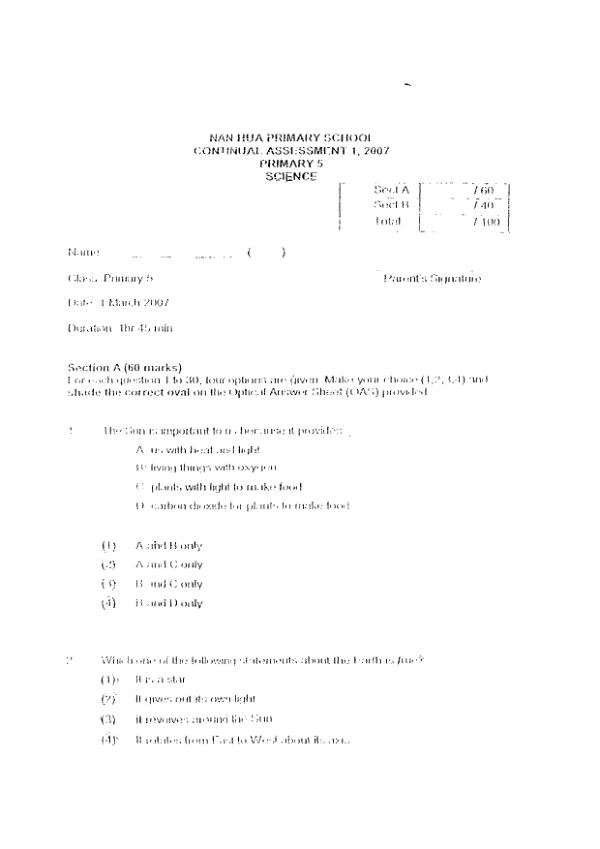 Nan Hua P5 Sci WA1 2007 exam paper PDF first page preview