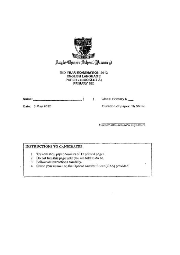 Anglo Chinese P6 Eng WA2 2012 exam paper PDF preview