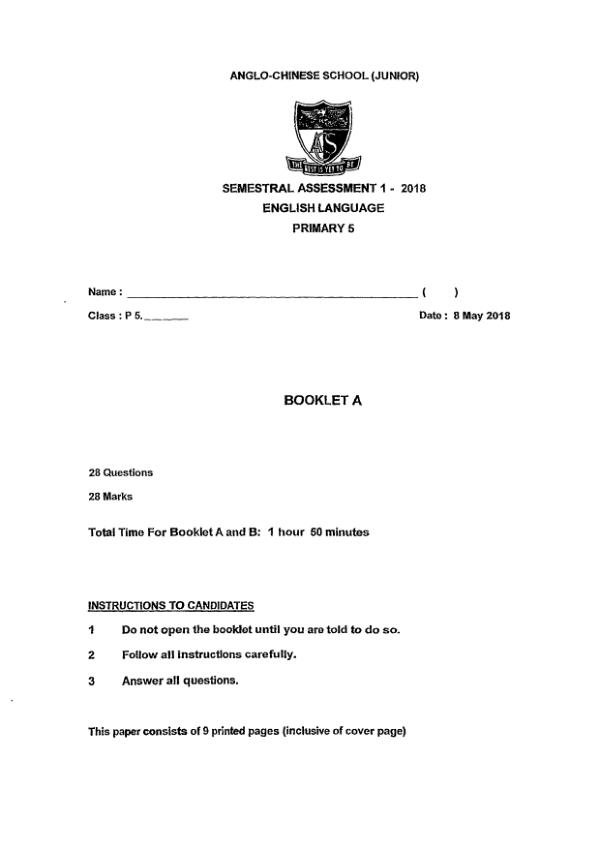 Anglo Chinese P5 Eng WA2 2018 exam paper PDF first page preview
