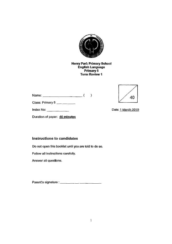Henry Park P5 Eng WA1 2019 exam paper PDF first page preview
